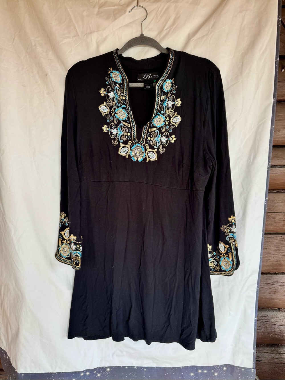 Midnight Velvet Black Long-Sleeve Tunic with Teal & Gold Embroidery